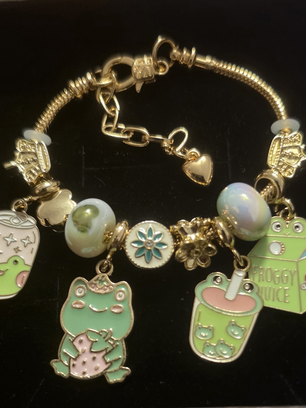 Gold Bracelet with Green Frog Charms